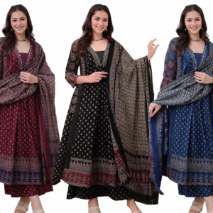 KLOSIA Women's Rayon Printed Anarkali Kurta and Pant with Dupatta Set